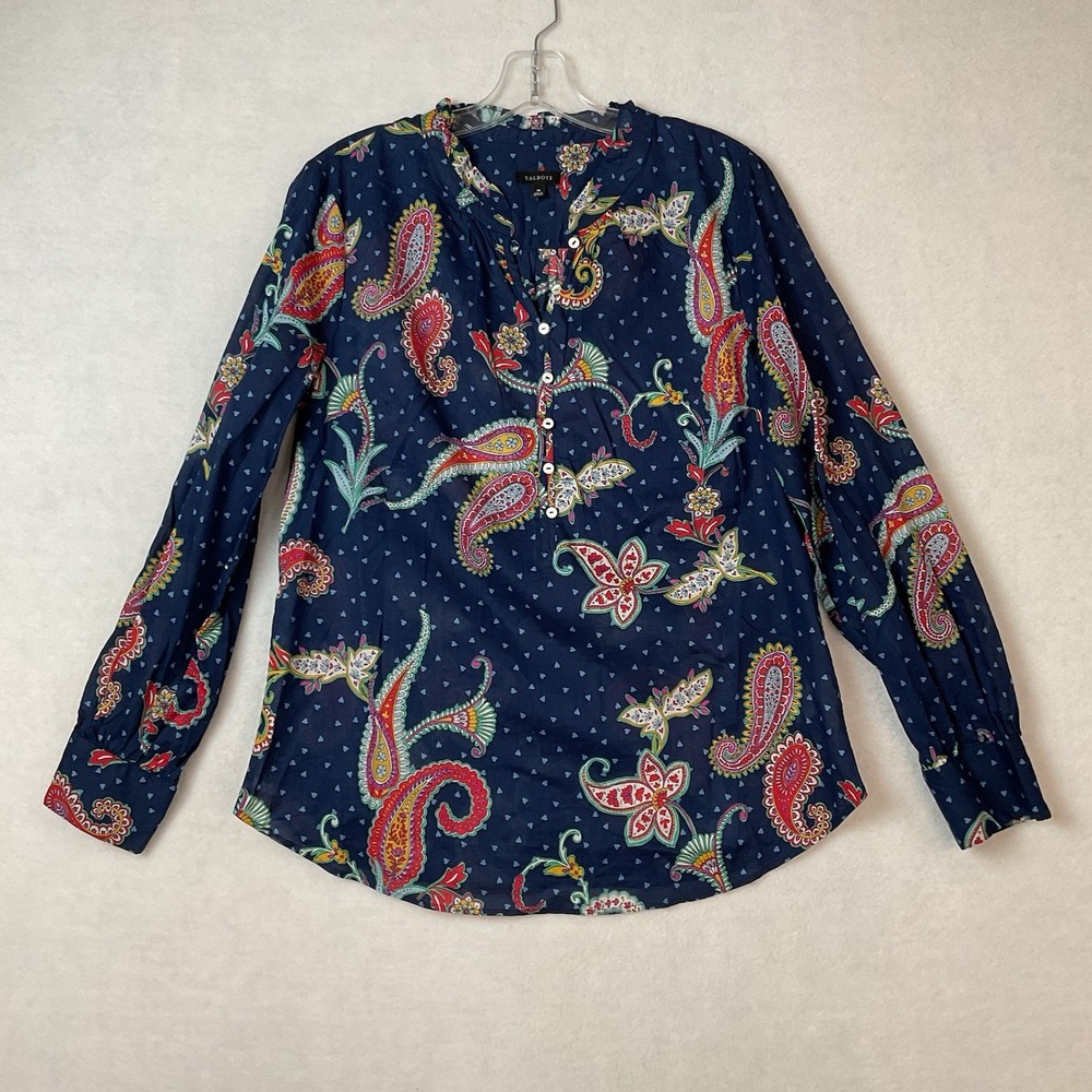 Talbots Blouse Shirt‎ Top Womens M Blue Paisley Long Sleeve Band Collar Ruffle